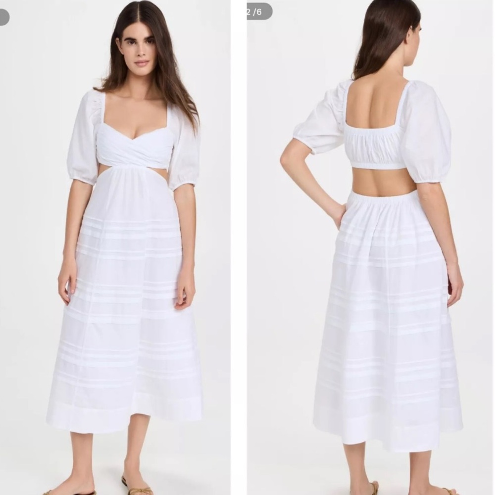 New Staud Carina White Poplin Cutout Puff sleeve Midi Dress Size M